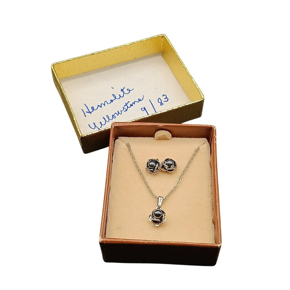 Vintage Hematite Rose Design Necklace & Earrings Set in Gift Box